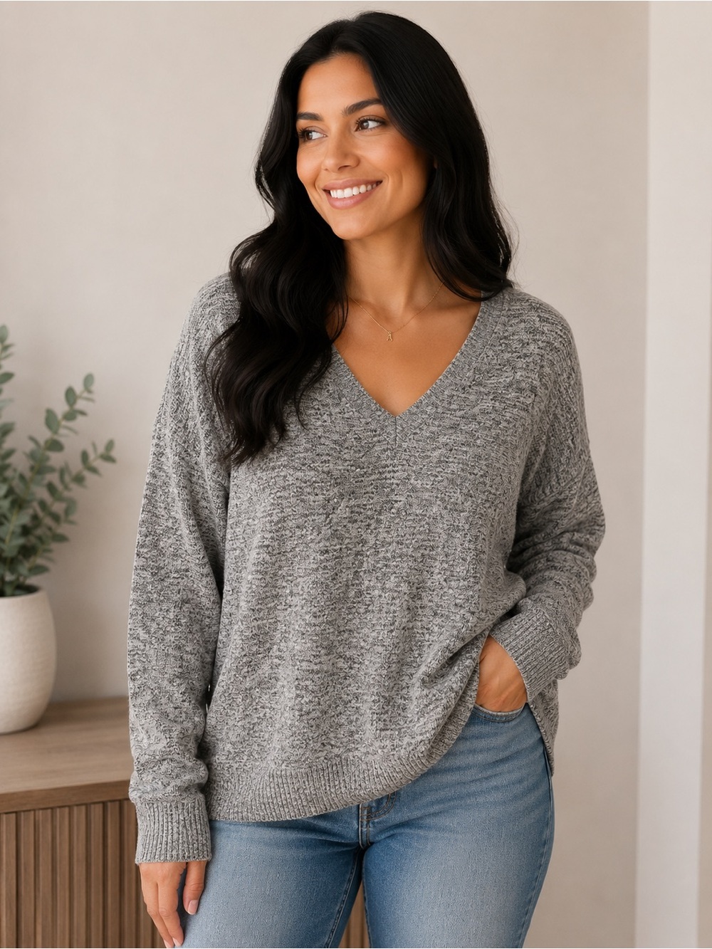 Lucky Brand Gray Heather V-Neck Sweater